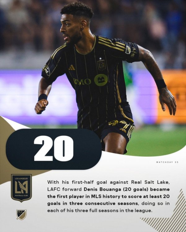 洛杉矶FC时尚博安加迷惑3个赛季至少攻入20球，好意思职联历史首东谈主